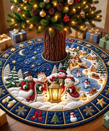 Midnight Snowman Kingdom Luxury Tree Skirt — Dark Sky Winter Wonderland Holiday Mat, Premium Materials, Custom Sizing & Elegant Finishes