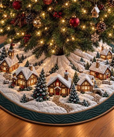 Midnight Village Christmas Tree Skirt - Handcrafted Dark Velvet Holiday Skirt With Cozy Village Scene Embroidery, Custom Sizes Available