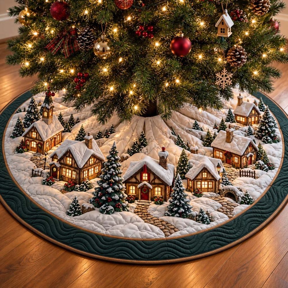 Midnight Village Christmas Tree Skirt - Handcrafted Dark Velvet Holiday Skirt With Cozy Village Scene Embroidery, Custom Sizes Available