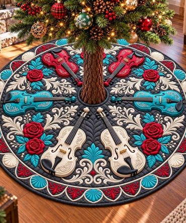 Midnight Violin Romance Christmas Tree Skirt - Luxurious Handcrafted Dark Velvet Skirt With Musical Violin Applique, Custom Sizes