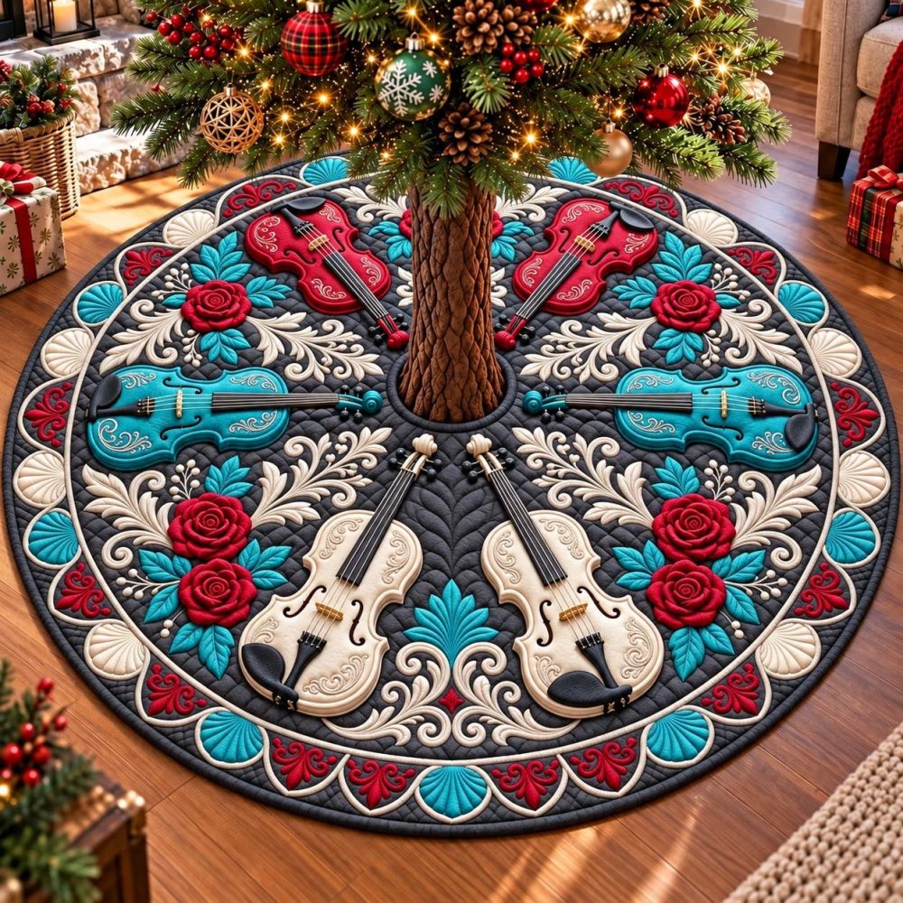 Midnight Violin Romance Christmas Tree Skirt - Luxurious Handcrafted Dark Velvet Skirt With Musical Violin Applique, Custom Sizes