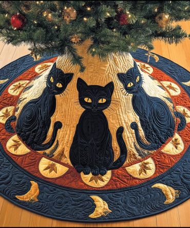 Midnight Whiskers Chic Black Cat Tree Skirt — Sleek Black Cat Holiday Tree Skirt Crafted In Premium Felt, Made-To-Order Sizes With Gift-Ready Option