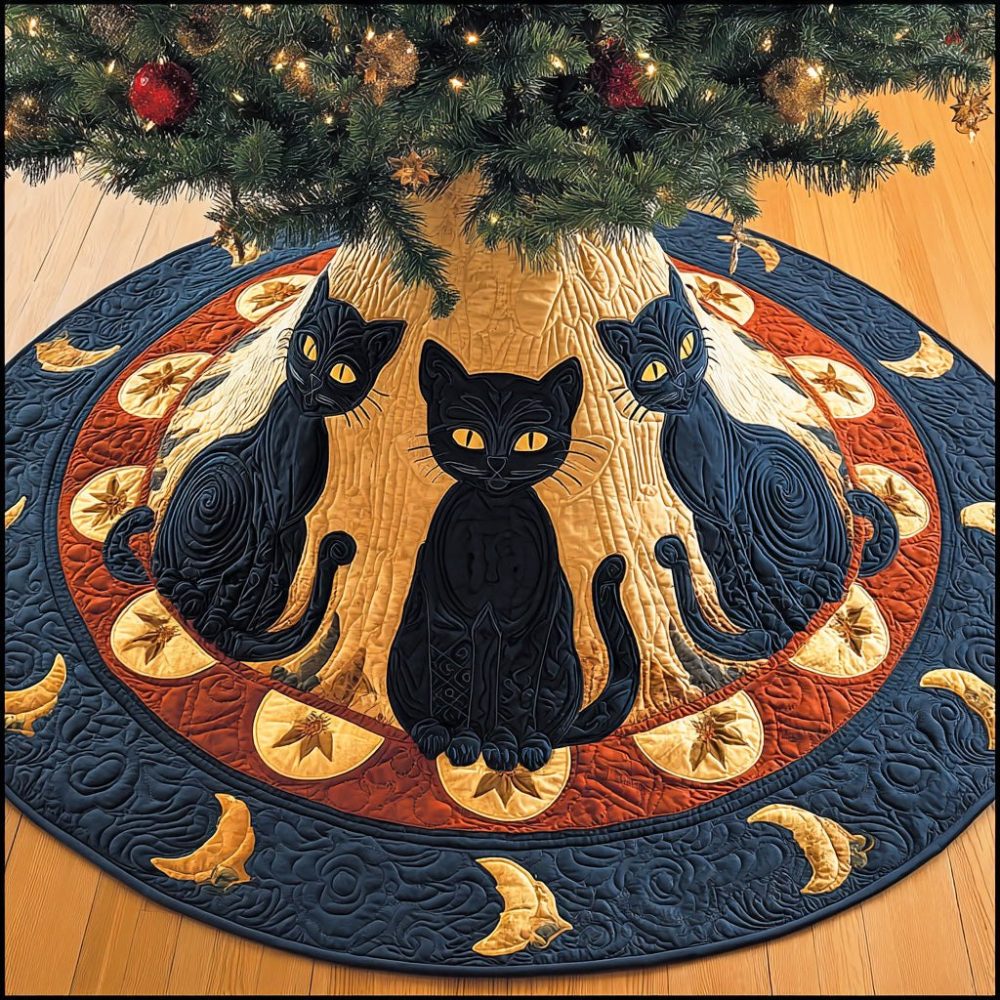 Midnight Whiskers Chic Black Cat Tree Skirt — Sleek Black Cat Holiday Tree Skirt Crafted In Premium Felt, Made-To-Order Sizes With Gift-Ready Option