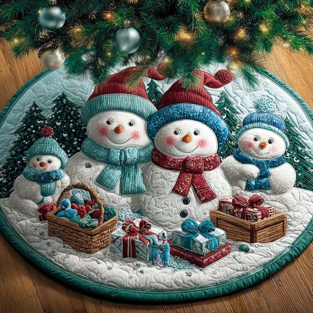 Mint Hat Snow Friends Tree Skirt — Whimsical Winter Christmas Tree Skirt, Custom Handmade Holiday Mat In Mint & Snowy Accents