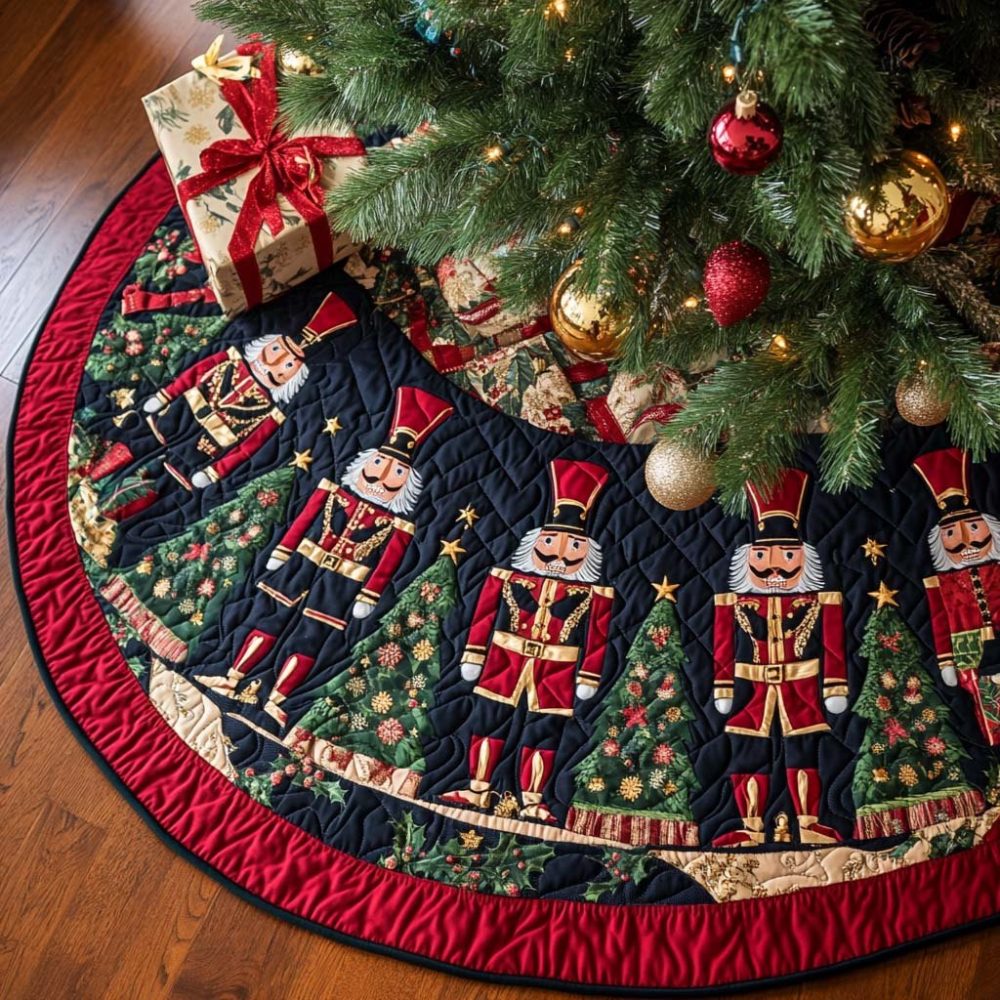 Navy Nutcracker & Gifts Christmas Tree Skirt — Navy Holiday Tree Skirt With Nutcracker And Present Applique, Handmade And Made-To-Order Sizes