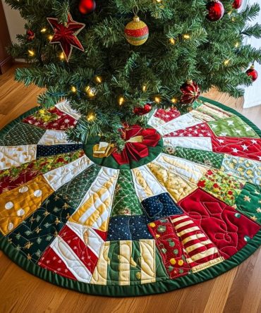 Patchwork Pinwheel Holiday Tree Skirt — Colorful Patch Pinwheel Christmas Tree Skirt, Handcrafted Quilted Design With Custom Dimensions Available