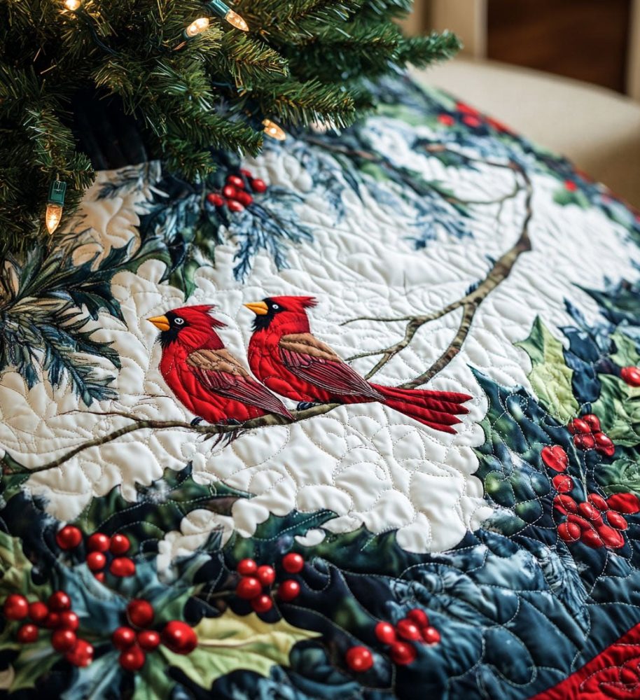 Cardinals On Holly Berry Bough Christmas Tree Skirt — Vibrant Red Bird Holiday Tree Skirt With Premium Felt Applique, Handcrafted And Custom-Sized