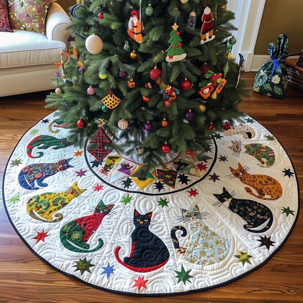 Mistletoe Meows Cat Lover Tree Skirt — Adorable Feline Mistletoe Christmas Tree Skirt With Soft Fleece Backing And Custom Embroidery Available