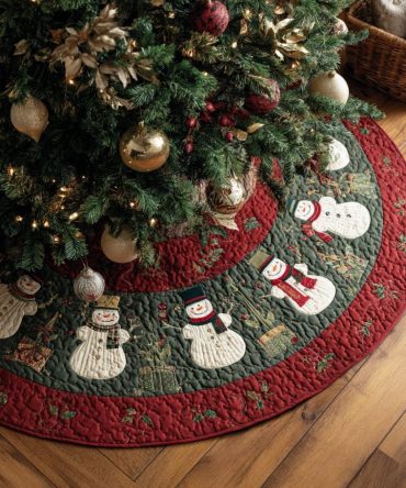 Mistletoe Snowman Festive Tree Skirt — Handcrafted Snowman & Mistletoe Christmas Tree Skirt With Soft Quilting, Custom Sizes, Fast Shipping