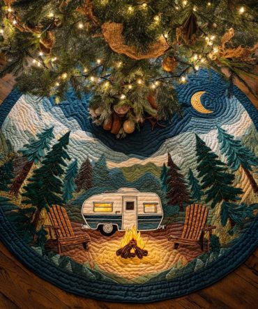 Moonlit Camp Christmas Tree Skirt — Handmade Campfire & Tent Holiday Skirt, Custom Outdoor-Themed Tree Skirt For Nature Lovers