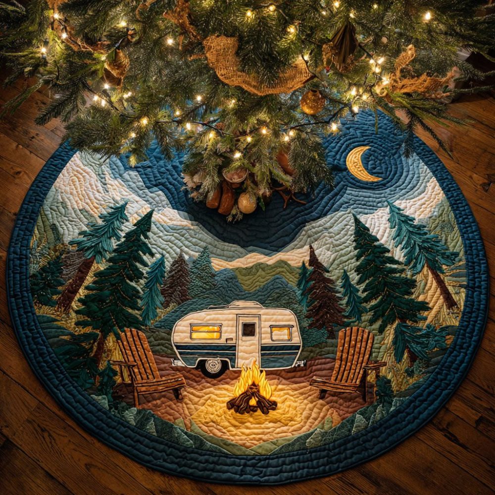 Moonlit Camp Christmas Tree Skirt — Handmade Campfire & Tent Holiday Skirt, Custom Outdoor-Themed Tree Skirt For Nature Lovers
