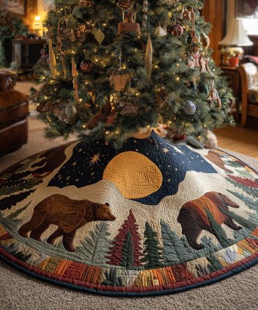 Moonlit Forest Bear Christmas Tree Skirt — Handmade Rustic Bear & Pine Design, Custom Holiday Skirt For Cabin Decor
