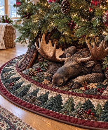 Moose Dreams Beneath The Pines — Custom Rustic Christmas Tree Skirt, Embroidered Moose Scene, Durable & Washable