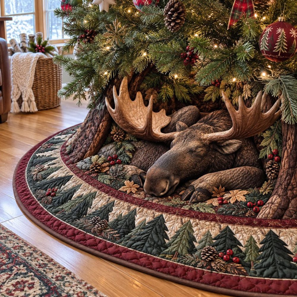 Moose Dreams Beneath The Pines — Custom Rustic Christmas Tree Skirt, Embroidered Moose Scene, Durable & Washable
