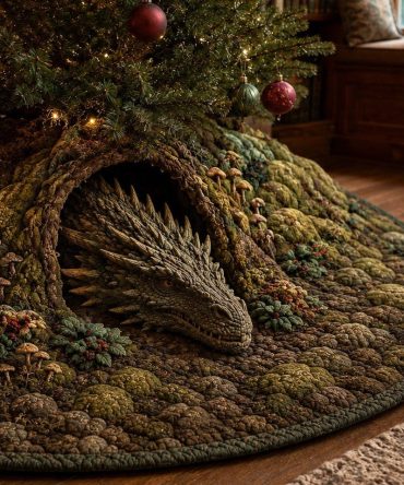 Mossy Forest Dragon Christmas Tree Skirt — Handcrafted Fantasy Holiday Skirt For Mythical, Woodland & Nature Lovers