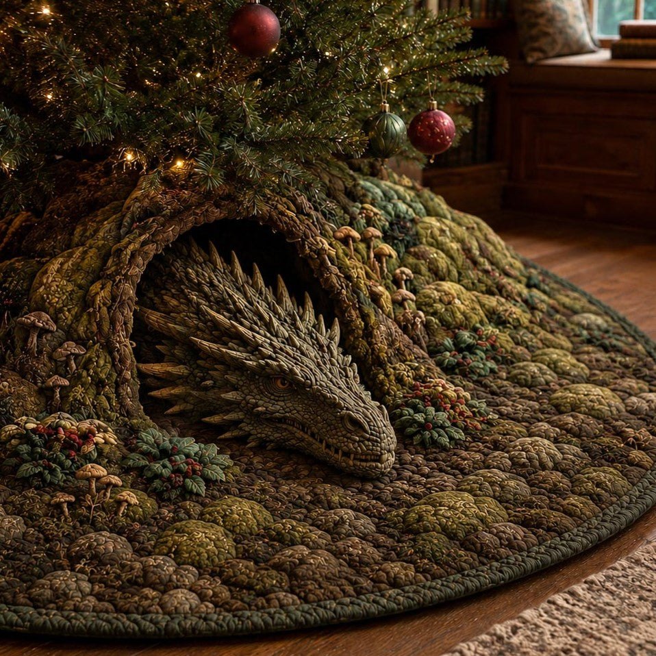 Mossy Forest Dragon Christmas Tree Skirt — Handcrafted Fantasy Holiday Skirt For Mythical, Woodland & Nature Lovers