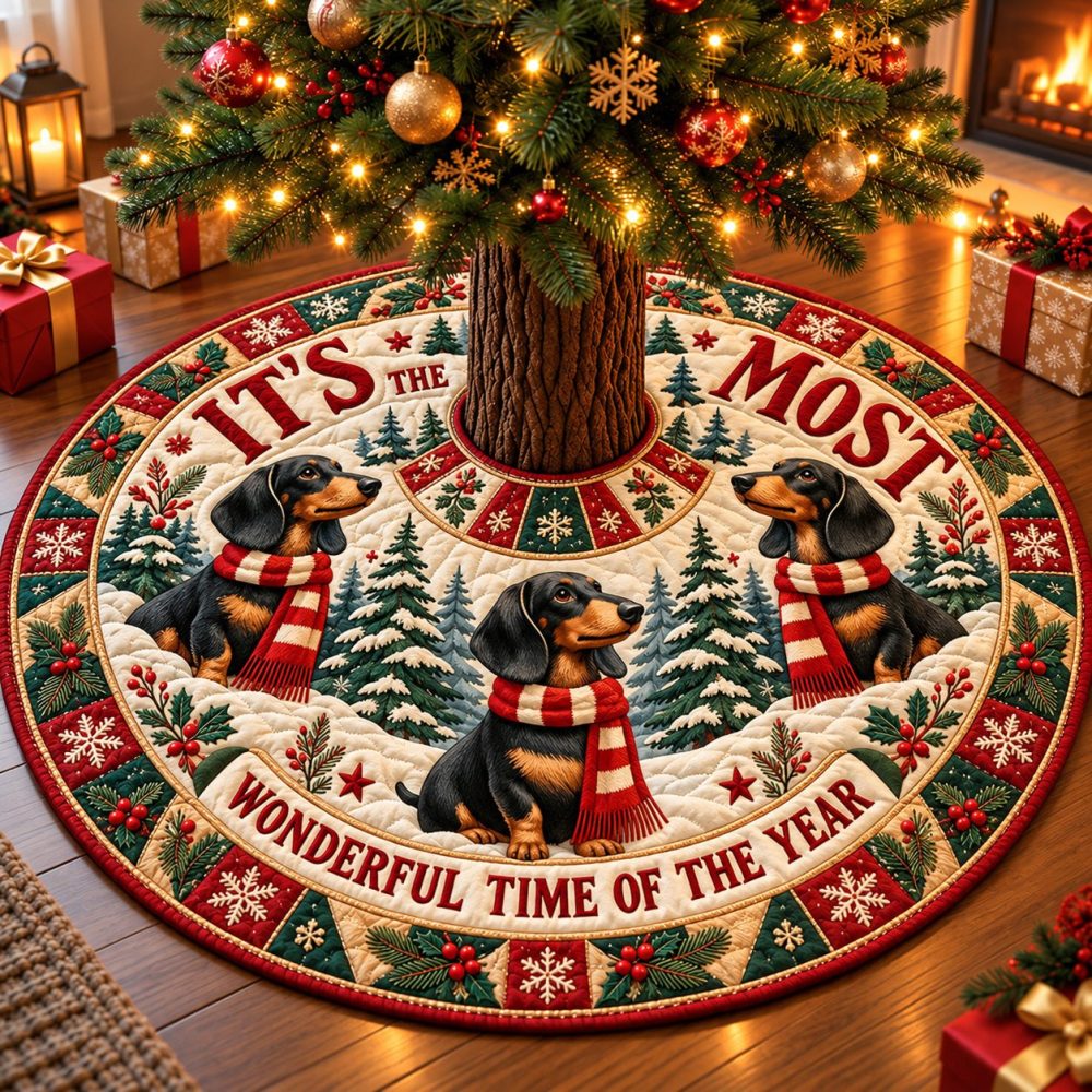 Most Wonderful Dachshund Holiday Tree Skirt — Charming Wiener Dog Christmas Mat, Handcrafted Custom Sizes, Cozy Felt & Perfect Stocking-Style Gift