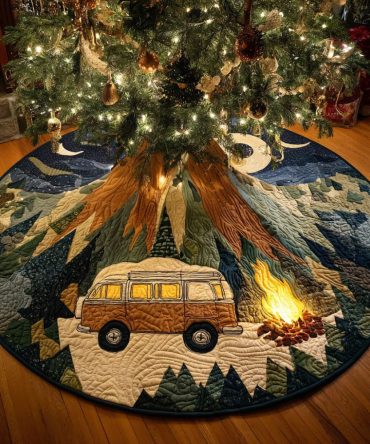 Mountain Adventure Christmas Tree Skirt — Handmade Custom Holiday Skirt With Hiking, Campfire & Outdoor Lodge Motifs