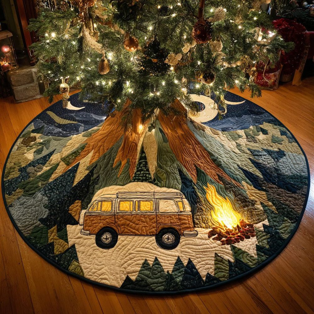 Mountain Adventure Christmas Tree Skirt — Handmade Custom Holiday Skirt With Hiking, Campfire & Outdoor Lodge Motifs