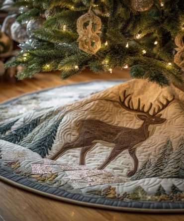 Nordic Mountain Deer Christmas Tree Skirt — Handmade Custom Holiday Skirt With Deer Motifs, Pines & Cozy Lodge Flair