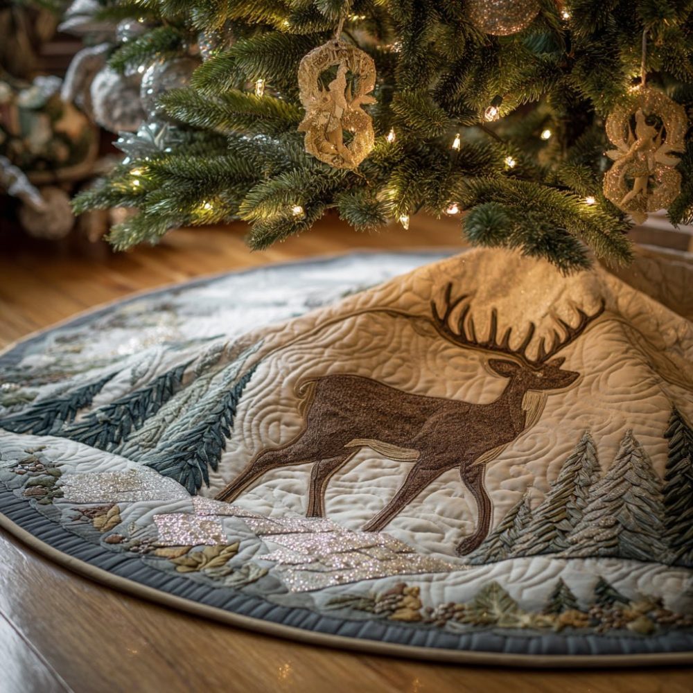 Nordic Mountain Deer Christmas Tree Skirt — Handmade Custom Holiday Skirt With Deer Motifs, Pines & Cozy Lodge Flair