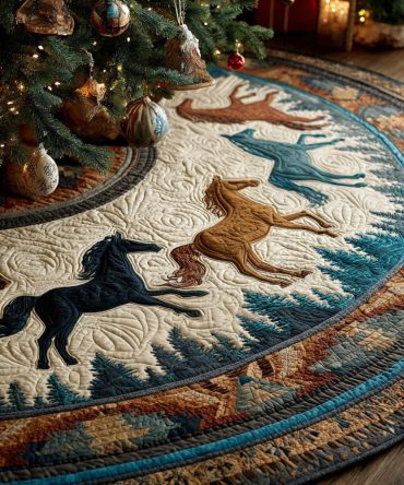 Custom Mountain Horizon Christmas Tree Skirt — Handsewn Holiday Skirt Featuring Scenic Peaks, Trees & Cozy Cabin Style