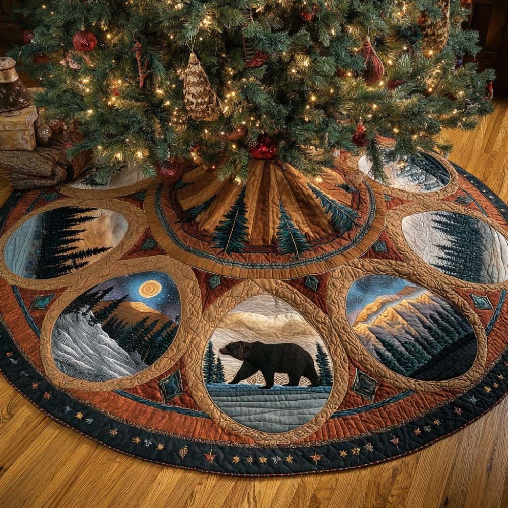 Mountain Refuge Quilted Tree Skirt — Cozy Alpine Christmas Tree Skirt, Handcrafted Rustic Holiday Accent For Home & Cabin