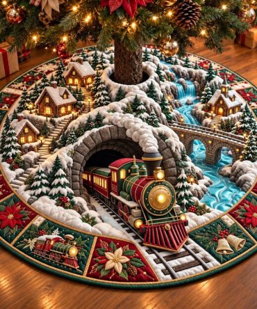 Mountain Train Handmade Tree Skirt — Custom Rustic Train Scene Christmas Tree Base Cover, Cabin Holiday Décor, Made-To-Order