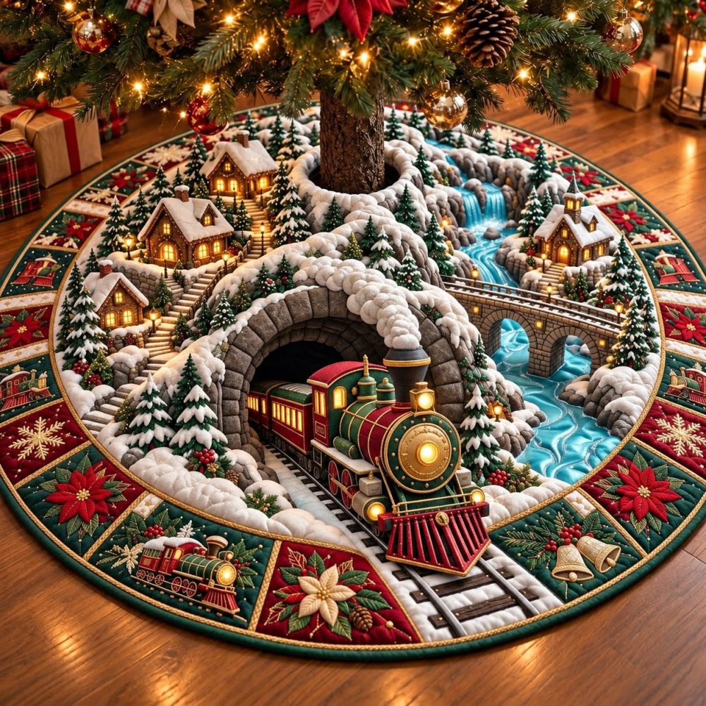 Mountain Train Handmade Tree Skirt — Custom Rustic Train Scene Christmas Tree Base Cover, Cabin Holiday Décor, Made-To-Order