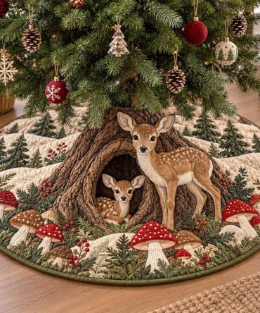 Forest Fawn & Mushroom Christmas Tree Skirt - Made-To-Order Cute Woodland Holiday Skirt With Fawn Applique & Custom Sizing