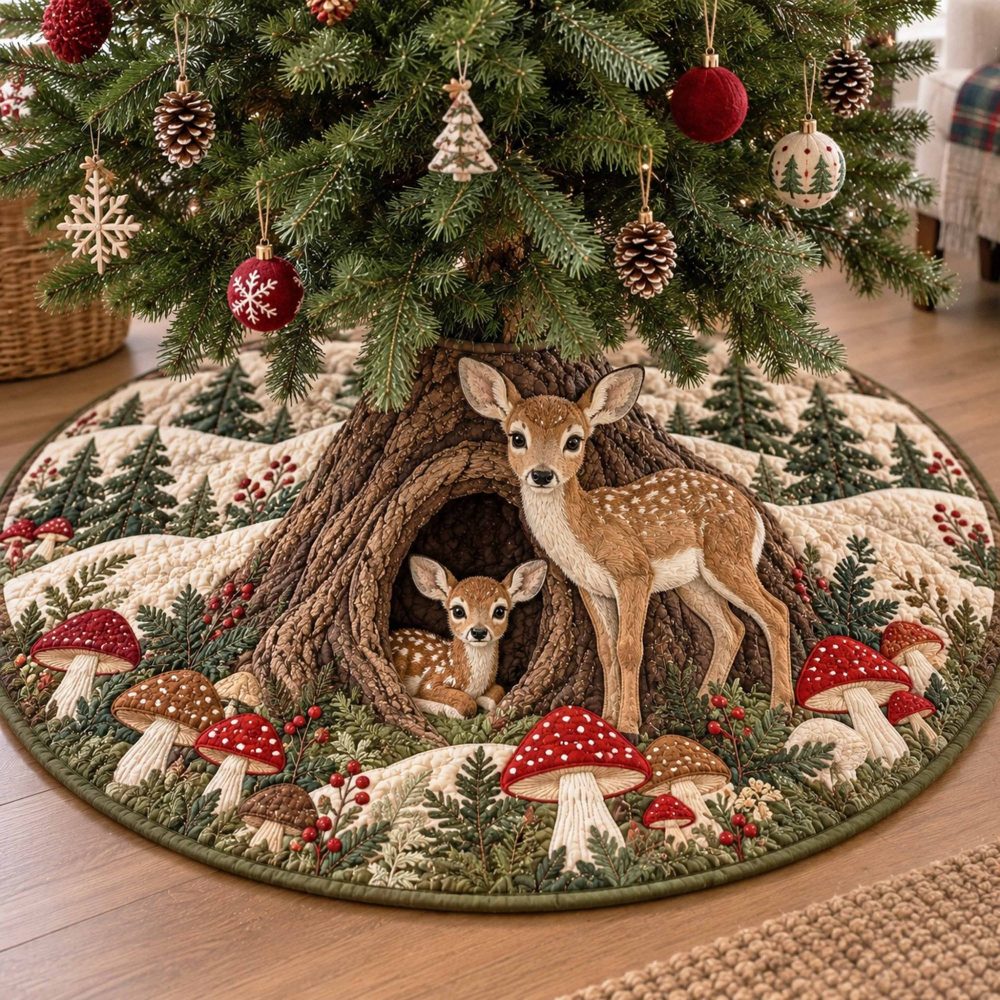 Forest Fawn & Mushroom Christmas Tree Skirt - Made-To-Order Cute Woodland Holiday Skirt With Fawn Applique & Custom Sizing