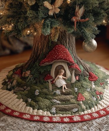 Enchanting Mushroom Grove Christmas Tree Skirt — Handmade Custom Holiday Skirt For Woodland & Fairy Tale Decor