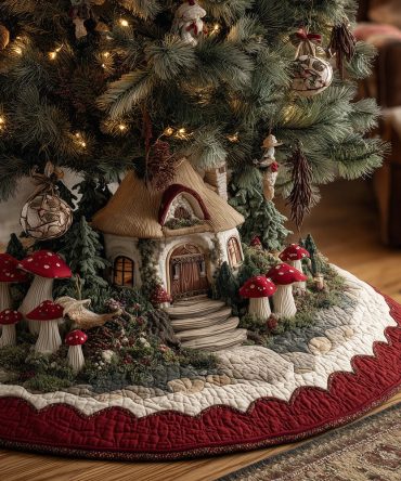 Custom Cozy Mushroom Hollow Cottage Christmas Tree Skirt — Handmade Holiday Tree Skirt For Rustic Fairy Decor