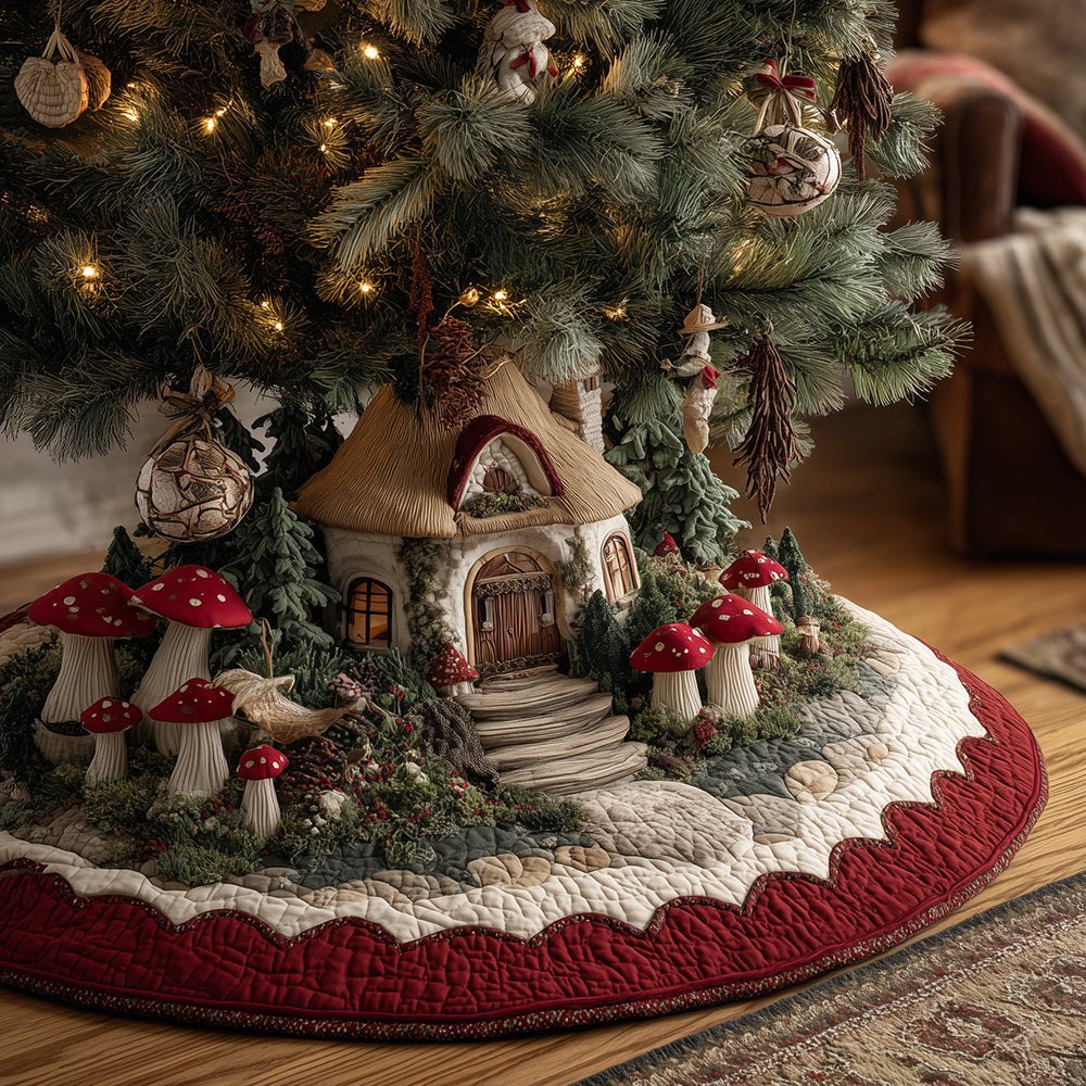 Custom Cozy Mushroom Hollow Cottage Christmas Tree Skirt — Handmade Holiday Tree Skirt For Rustic Fairy Decor