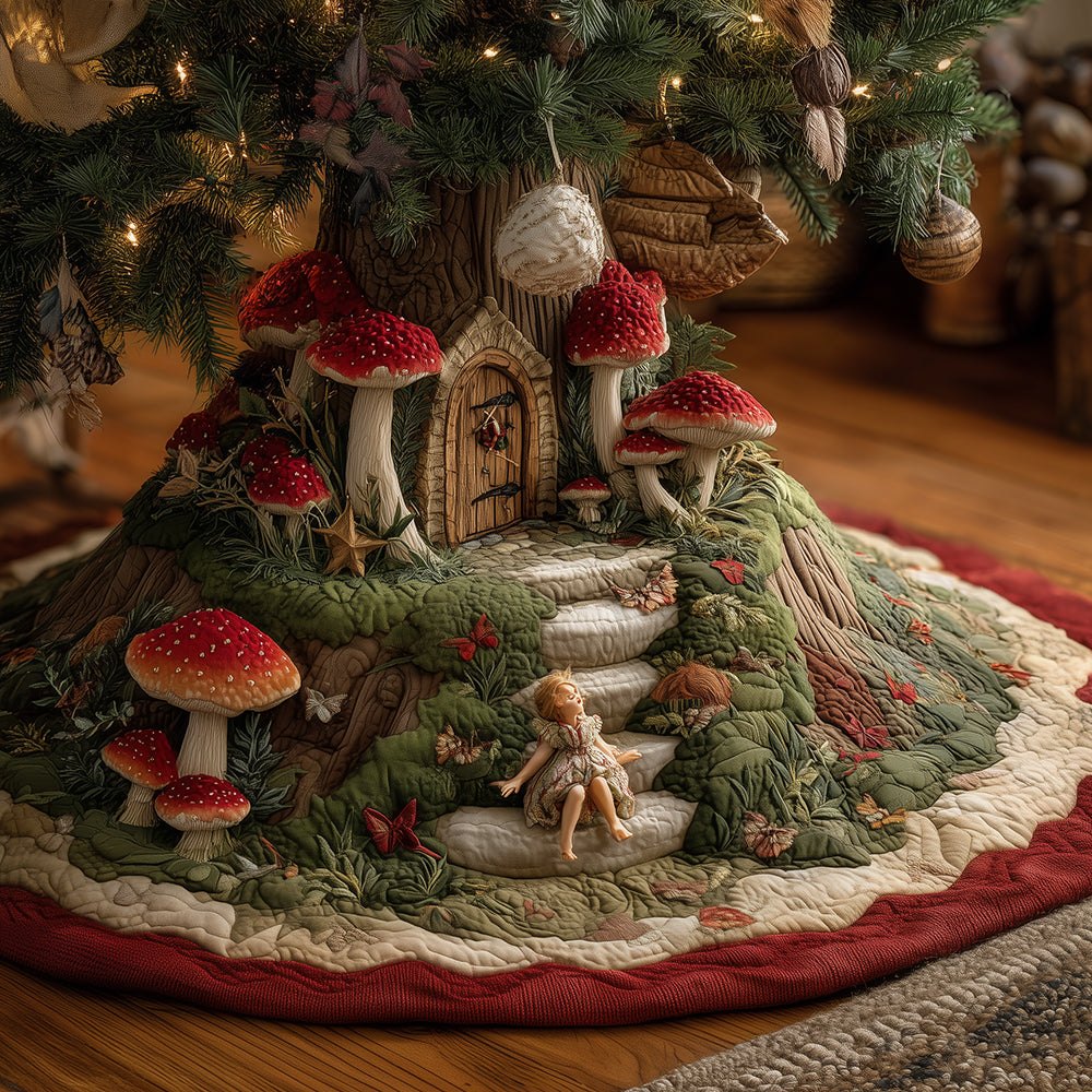 Handmade Whimsical Mushroom House Christmas Tree Skirt — Custom Holiday Tree Skirt For Cozy Cottage Decor