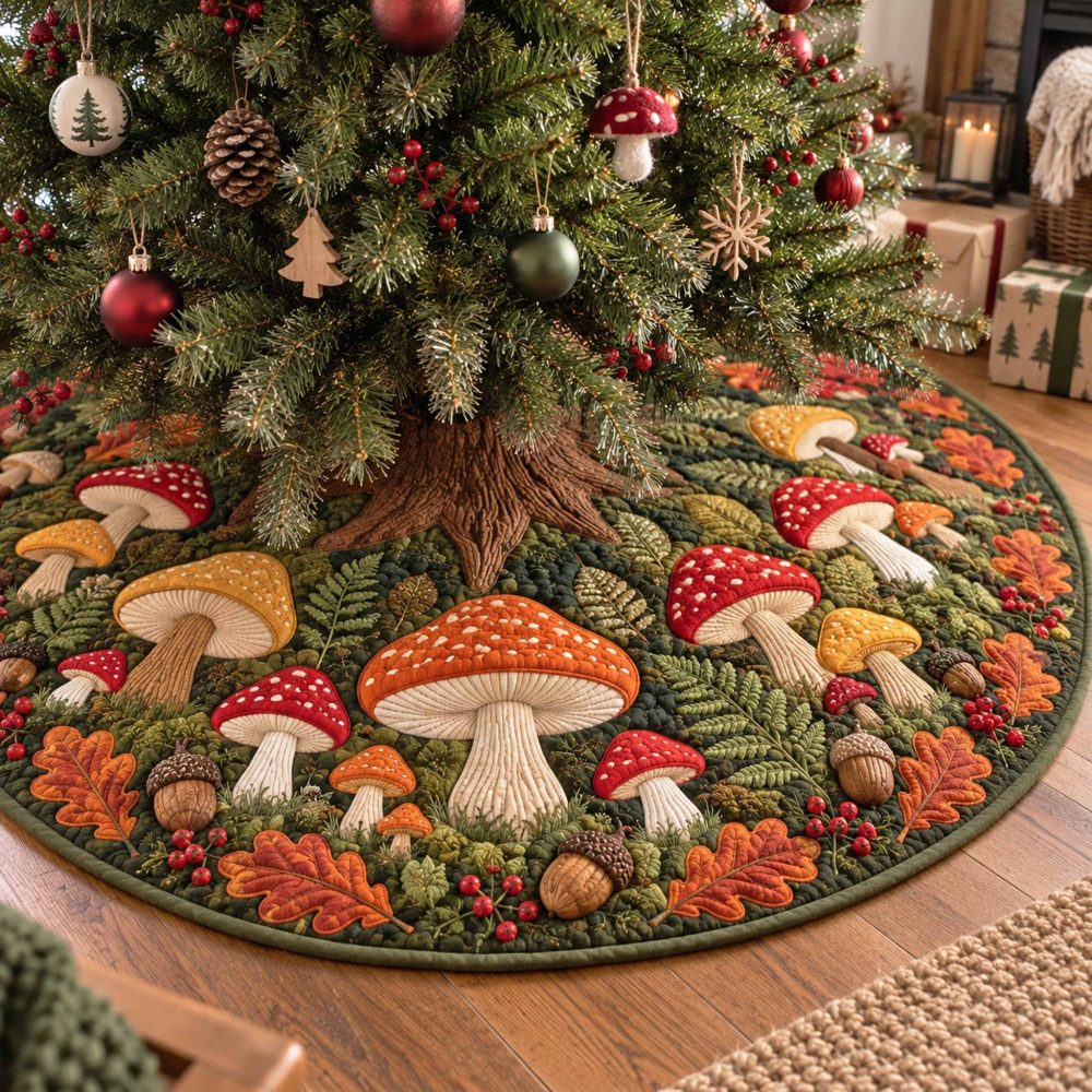 Whimsical Mushroom Meadow Christmas Tree Skirt - Made-To-Order Woodland Holiday Skirt With Hand-Painted Mushrooms & Soft Felt