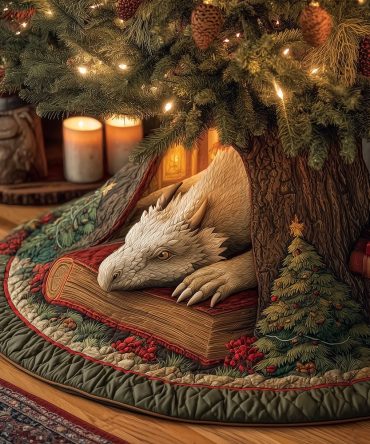 Mystic Winter Dragon Handcrafted Christmas Tree Skirt - Custom Made-To-Order Fantasy Holiday Base With Dragon Motif