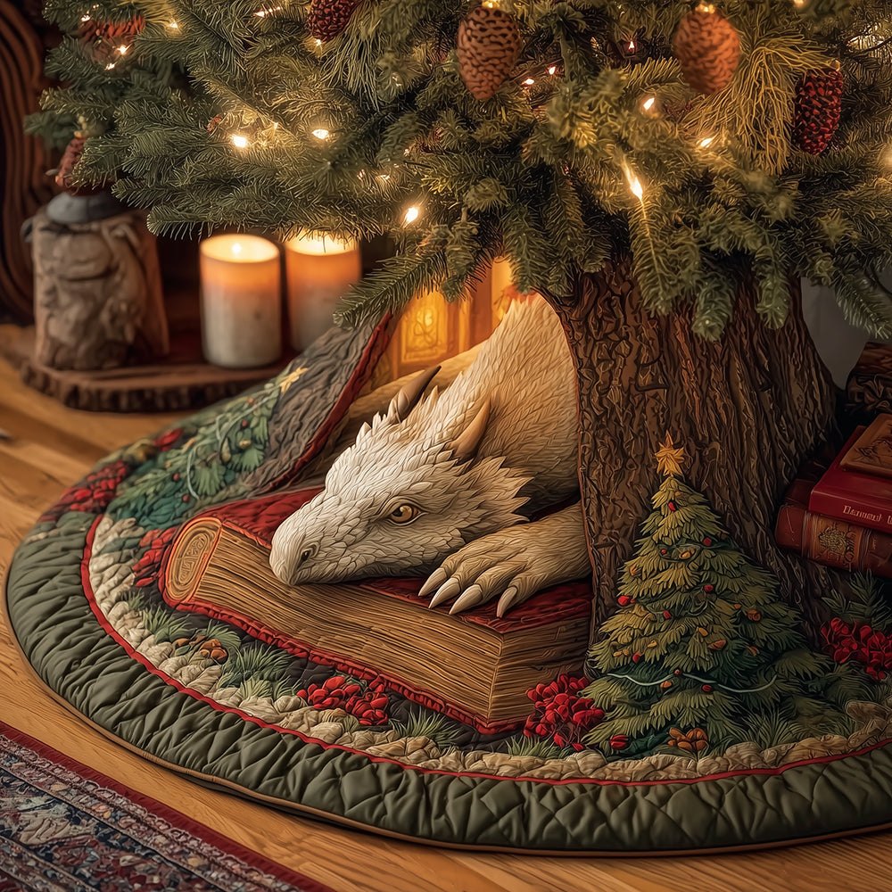 Mystic Winter Dragon Handcrafted Christmas Tree Skirt - Custom Made-To-Order Fantasy Holiday Base With Dragon Motif