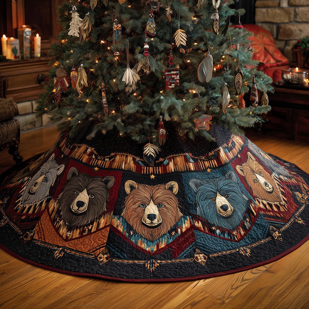 Native Bear Tribe Handsewn Christmas Tree Skirt - Custom Made-To-Order Rustic Tribal Holiday Base Decoration