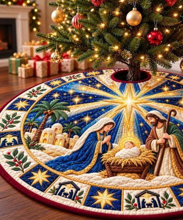 Bethlehem Blessing Nativity Tree Skirt — Custom Handcrafted Christmas Base, Elegant Religious Design, Soft Durable Material