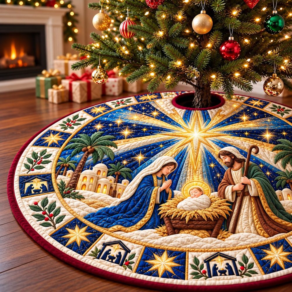 Bethlehem Blessing Nativity Tree Skirt — Custom Handcrafted Christmas Base, Elegant Religious Design, Soft Durable Material