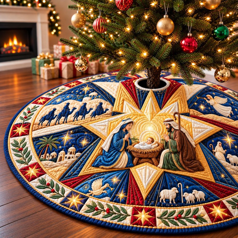 Heavenly Peace Nativity Tree Skirt — Custom Religious Holiday Accent, Soft Fabric, Handcrafted For Serene Christmas Displays