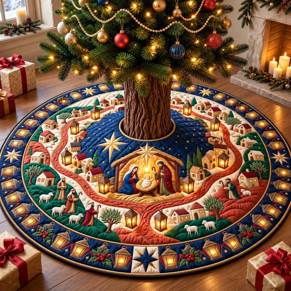 Lantern Festival Nativity Tree Skirt — Custom Handcrafted Christmas Base With Warm Illumination Motif, Soft Durable Fabric
