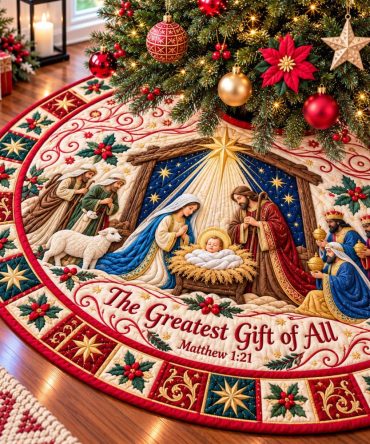 Manger Grace Custom Tree Skirt — Elegant Nativity-Inspired Christmas Décor, Soft Finish, Made-To-Order Heirloom Quality