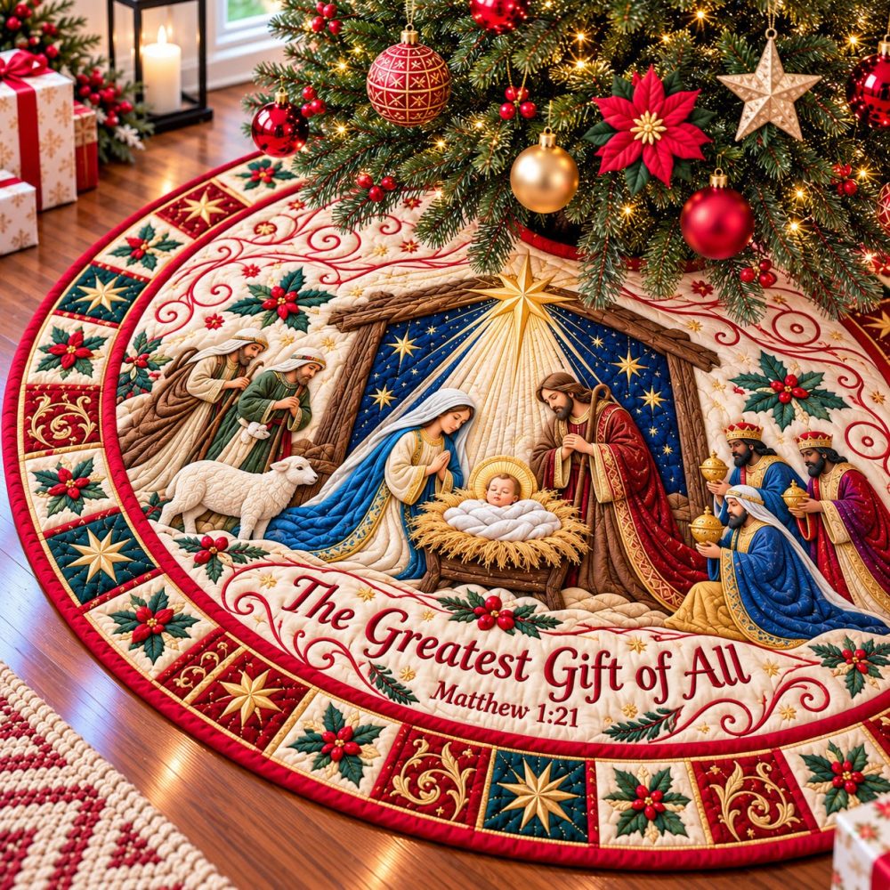 Manger Grace Custom Tree Skirt — Elegant Nativity-Inspired Christmas Décor, Soft Finish, Made-To-Order Heirloom Quality