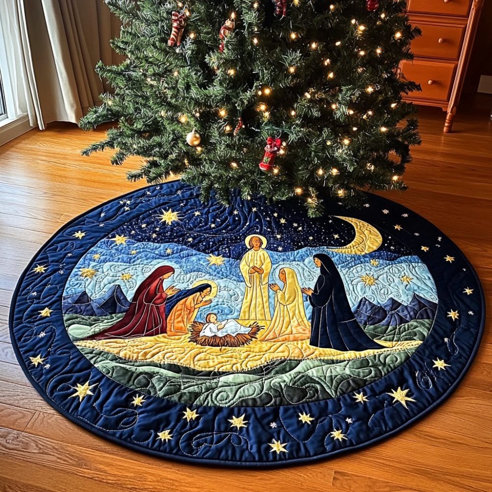 Nativity Under Blue Night Sky Christmas Tree Skirt - Custom Made-To-Order Peaceful Holiday Religious Base Cover