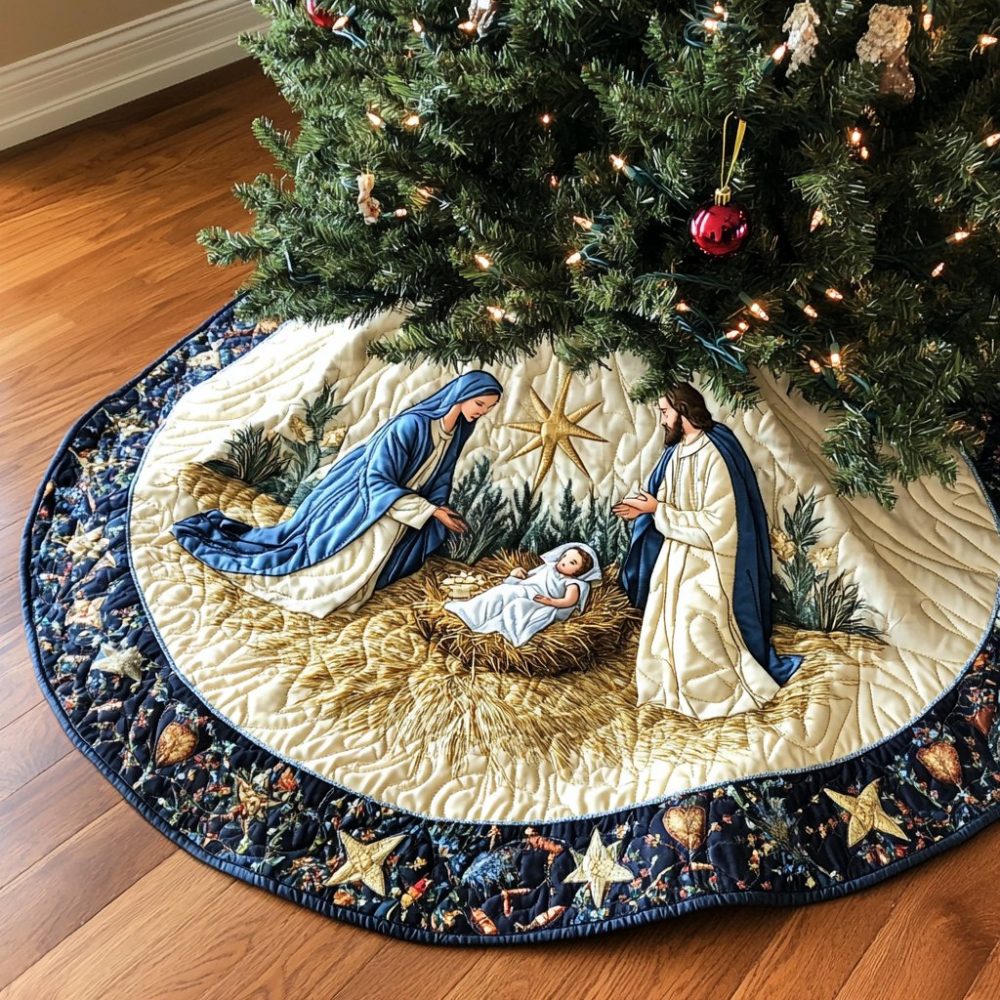 Nativity Radiance Handsewn Christmas Tree Skirt - Made-To-Order Holy Season Base With Classic Religious Motifs