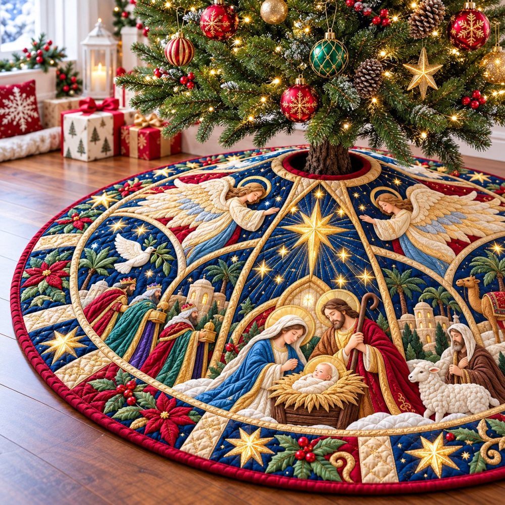 Sacred Nativity Tree Skirt — Custom Religious Christmas Decor, Soft Fabric, Handcrafted For Traditional Holiday Display