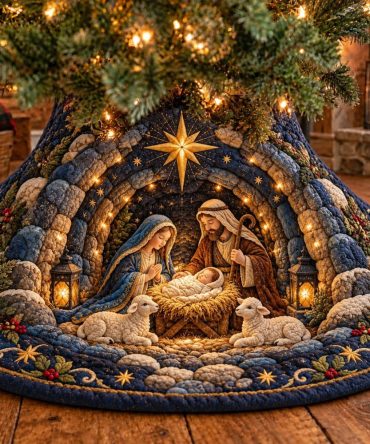 Starlit Blue Arch Nativity Tree Skirt — Elegant Blue Quilted Nativity Base, Handcrafted Starry Design, Custom Sizes For Holiday Display