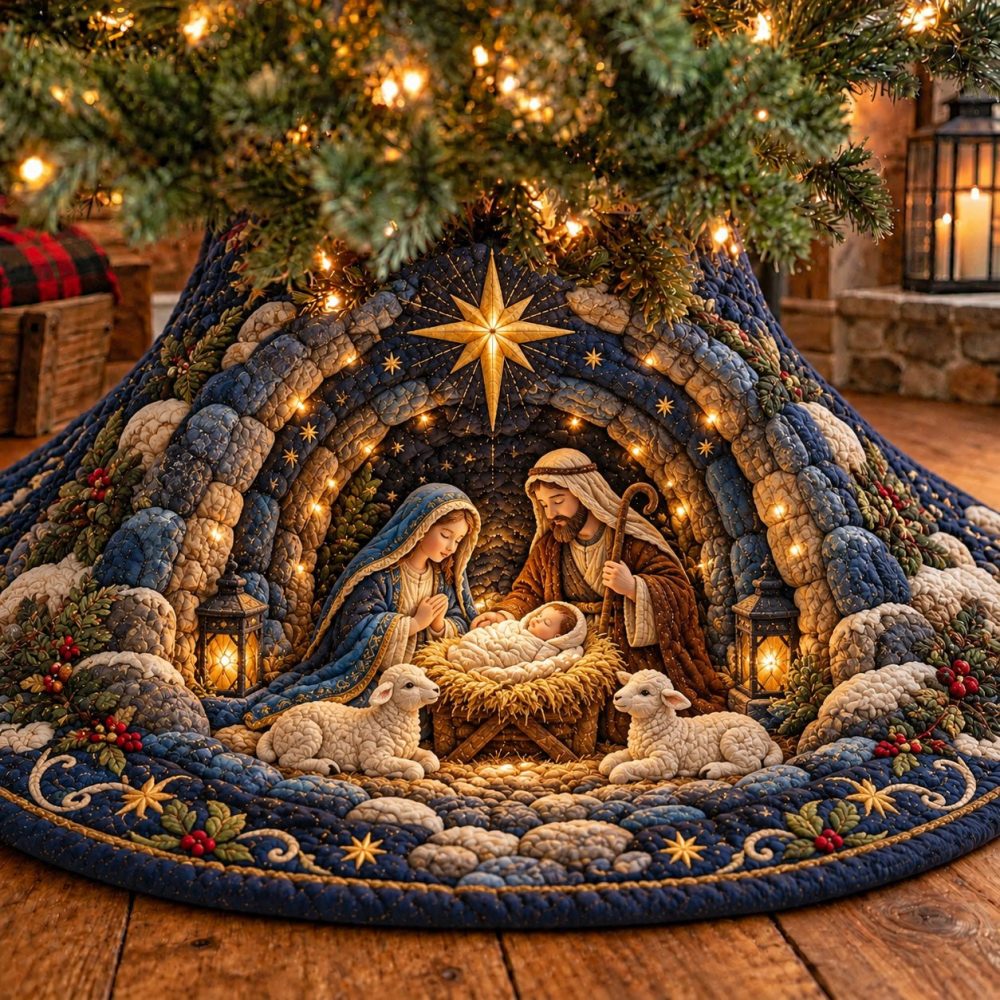 Starlit Blue Arch Nativity Tree Skirt — Elegant Blue Quilted Nativity Base, Handcrafted Starry Design, Custom Sizes For Holiday Display